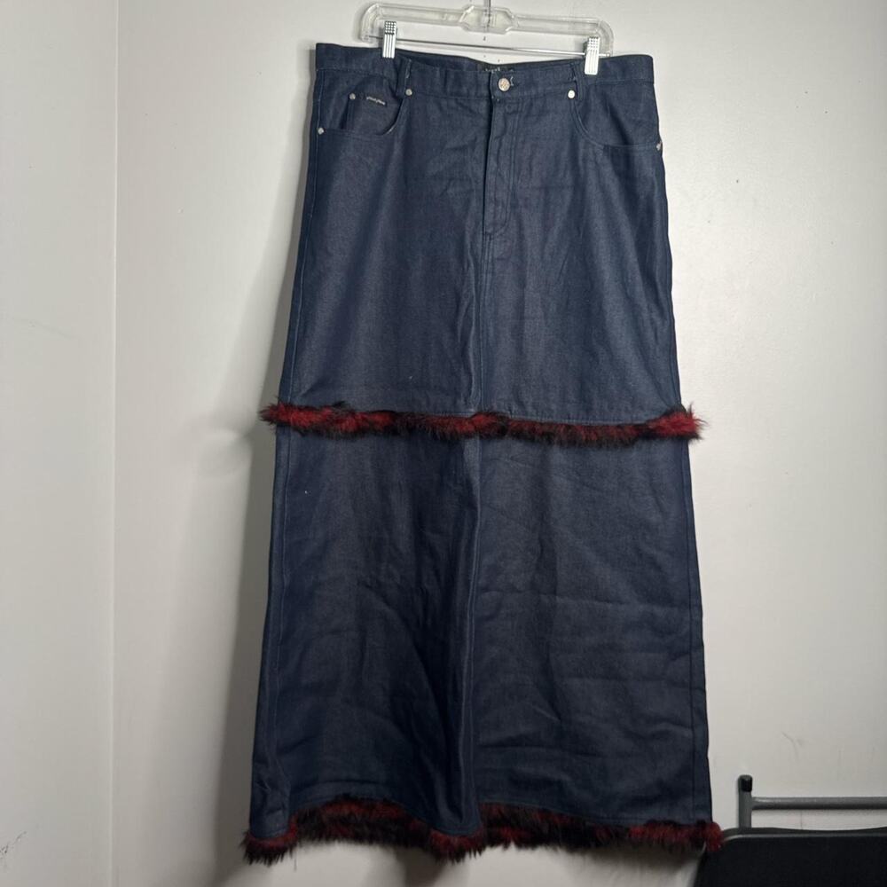 Vintage karl kani floor length jean skirt with fur